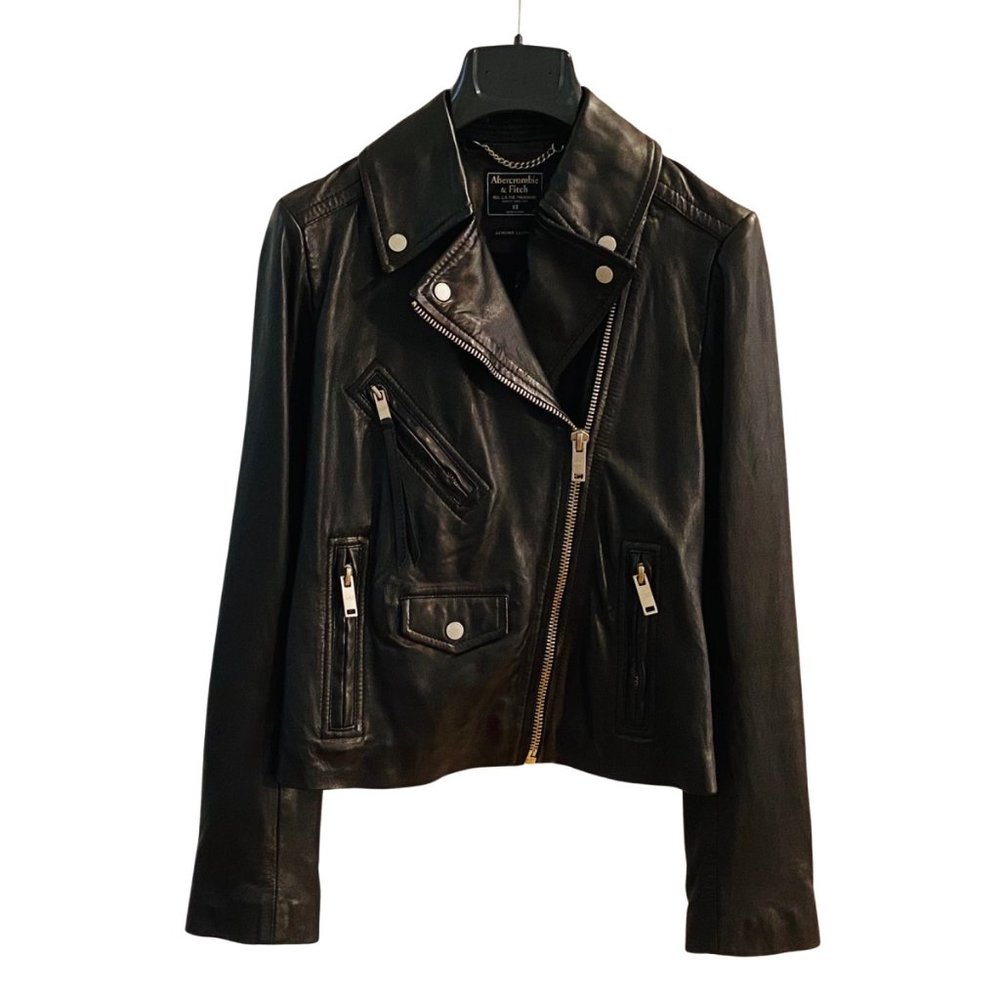 ABERCROMBIE & FITCH Black Genuine Leather Motorcycle Jacket Sz. XS (Womens)